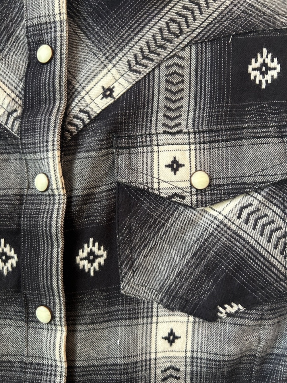 Ariat Aztec Black and Cream Plaid Thunderstorm Flannel Fitted Pearl Snap Shirt - Picture 6 of 10